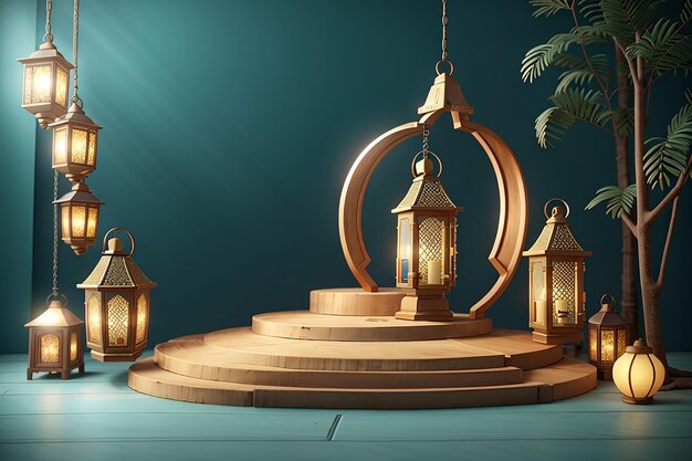 3d podium platofrom with hanging lantern for eid mubarak background