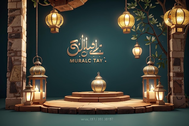 3d podium platofrom with hanging lantern for eid mubarak background