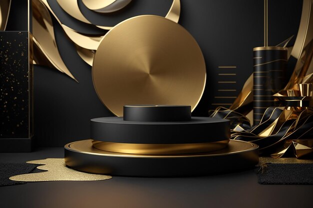 3d podium product black and gold mockup with abstract background 3d render illustration