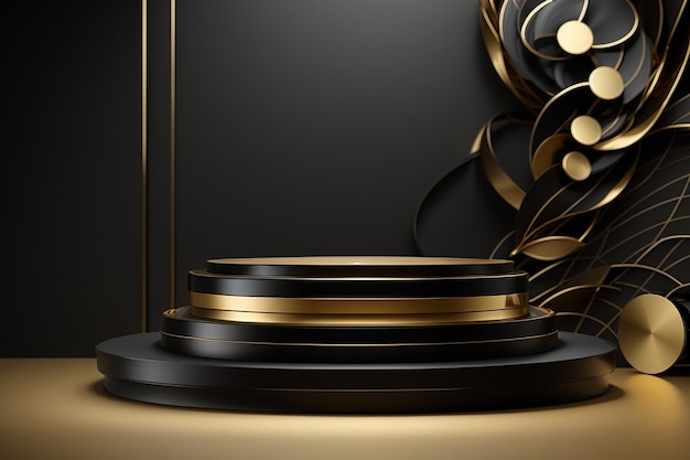 3d podium product black and gold mockup with abstract background 3d render illustration