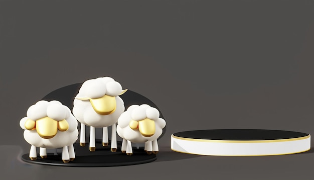 3D Podium Product Display gold of eidaladha mubarak with three goat animal