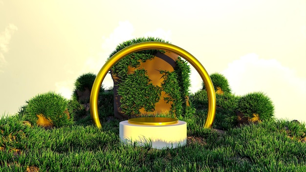 3d podium product display on the grass 3d rendering