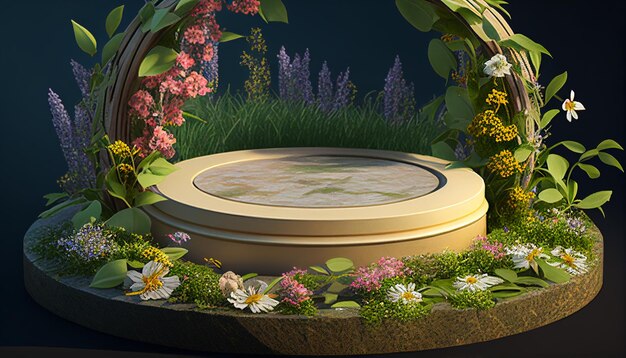 3d podium for product presentation with forest background leafs and flowers