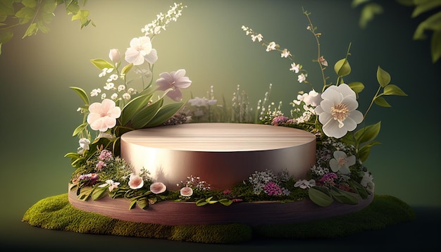 3d podium for product presentation with natural leafs and flowers background