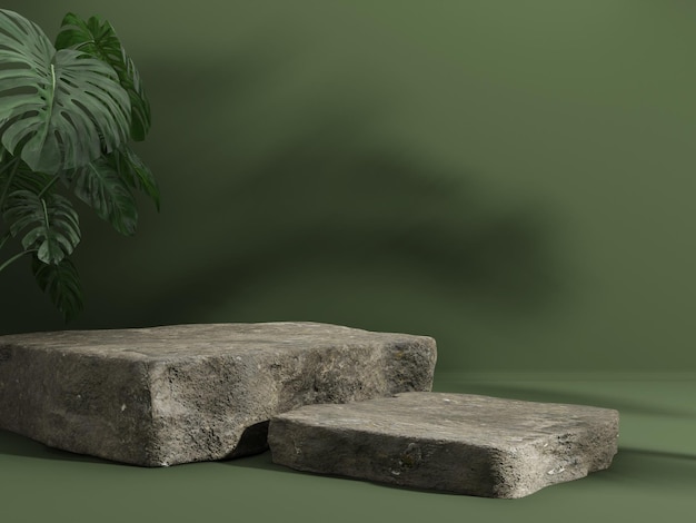 石と植物を使った製品プロモーション展示のための3D表彰台