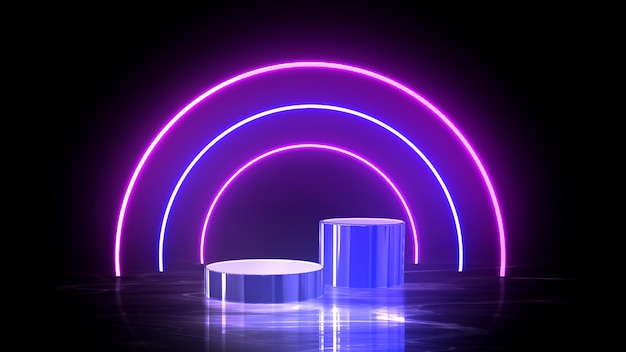 3D podium Product stand glowing lines tunnel neon lights