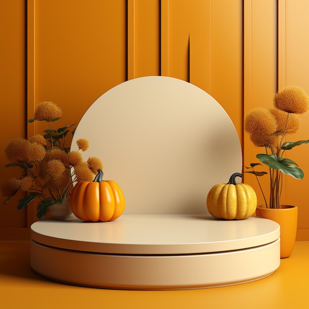 Foto zucca del podio 3d concetto minimo decorazione di halloween zucca gialla arancione brillante