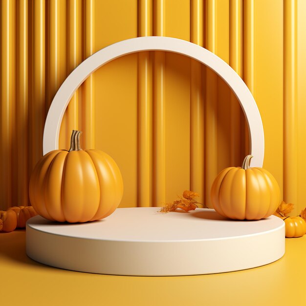 3d podium pumpkin Minimal concept Halloween decoration bright orange yellow pumpkin