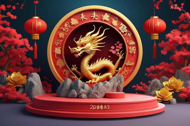 3d Podium round stage for happy Chinese new year 2024 Dragon Zodiac sign