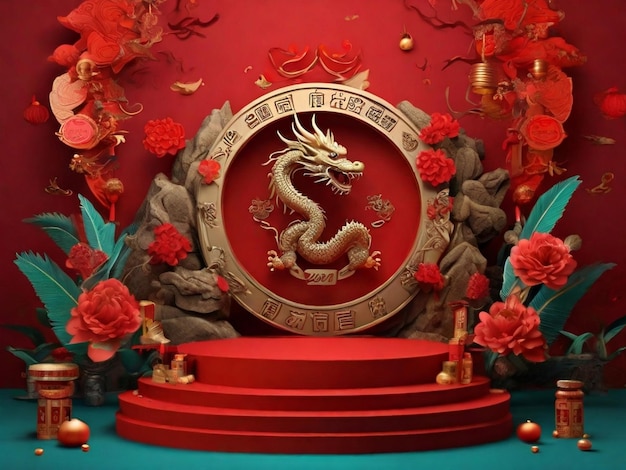 3d Podium round stage for happy Chinese new year 2024