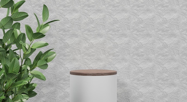 Photo 3d podium shelf with shadow tree and texture wall for product presentation 3d rendering