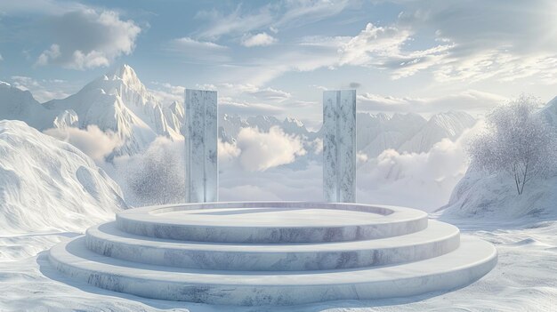 3d podium stage in the snow land background