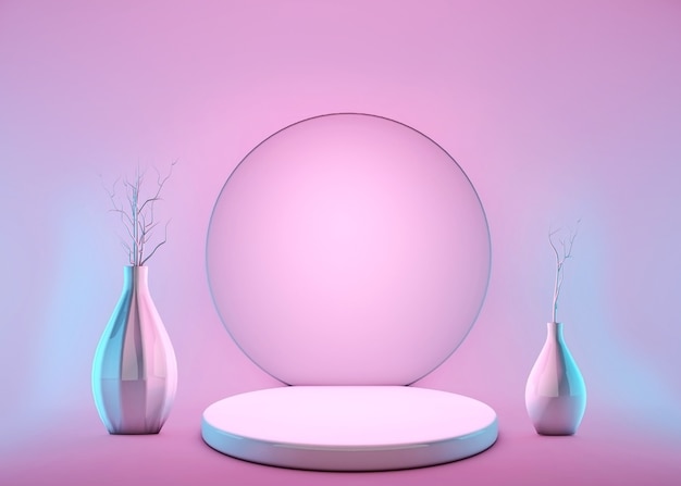 3d podium, stand, platform with vases flowers on pastel pink background.