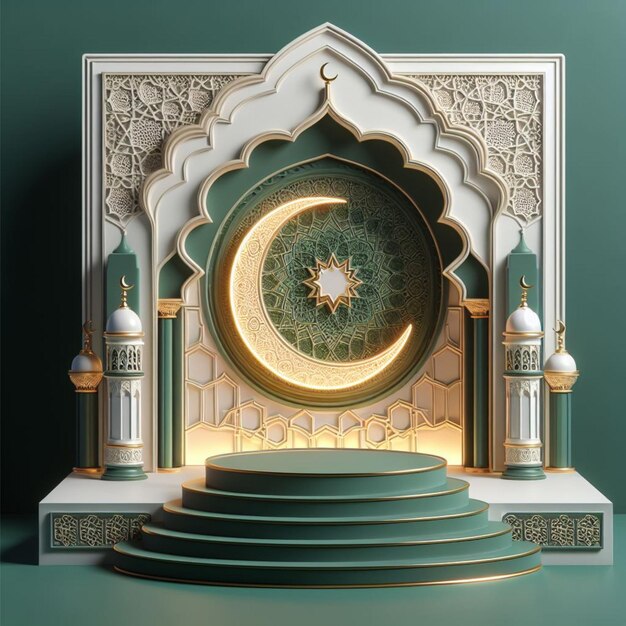 3d 포디움 벽 모스크와 이슬람 반달 장식품 녹색
