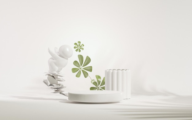 3D podium weergave groene en witte achtergrond met vallende groene bladeren 3d render