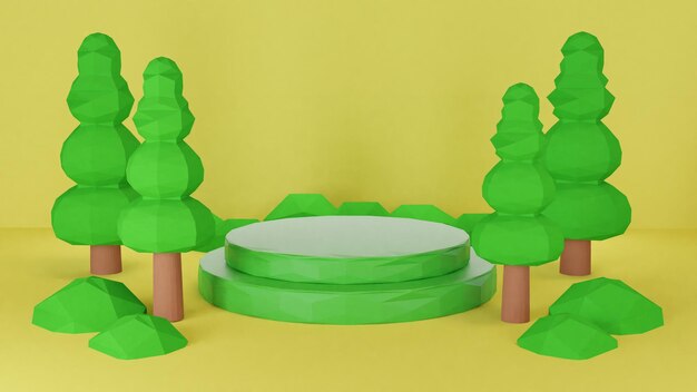 3d podium which is green there are trees and bushes