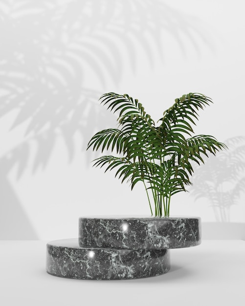 3D подиум белый с мрамором и растениями
