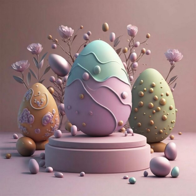 3D podium with bunny ears and Easter eggs Stage with a pedestal on a pink background