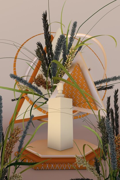 3d podium with dry autumn plants and shampoo mockup Composition for beauty product