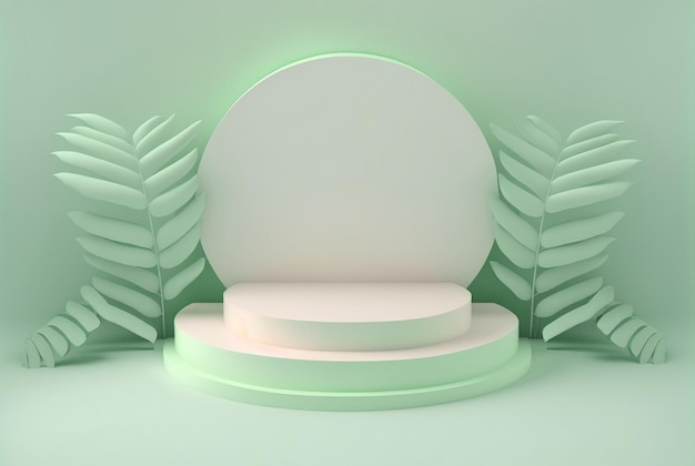 3d podium with leaves and soft green background