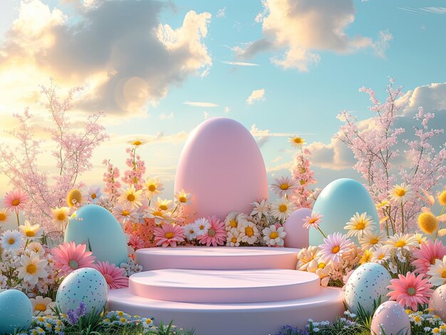 Photo 3d podium with pastel eggs and spring flowers for festive product display and advertising