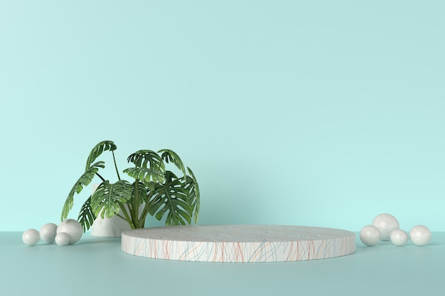 A 3d podium with plants and balls with pastel background