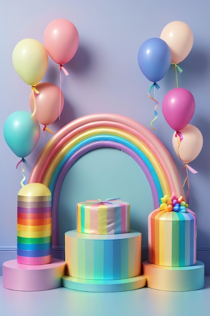 Foto podio 3d con scatola regalo arcobaleno e palloncino