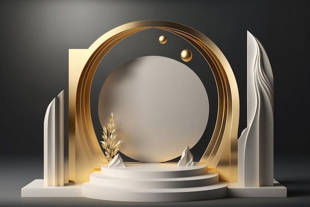 A 3d podium with a round white frame and a gold circle on the bottom.