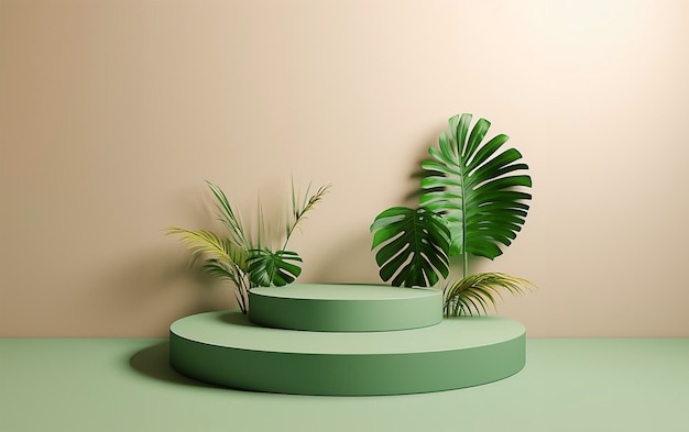 3d podium with tropical leaves render image