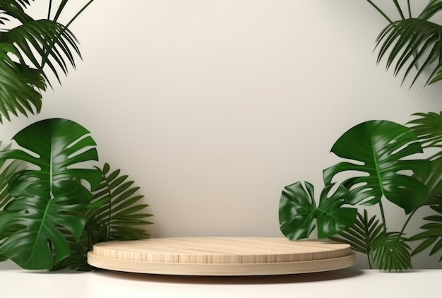 3D podium wood display white background with green monstera palm leaf Generative AI