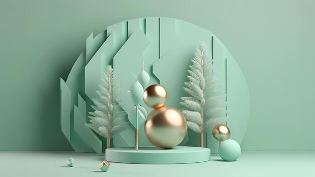 3D podiums Christmas display Pastel green background Generative ai