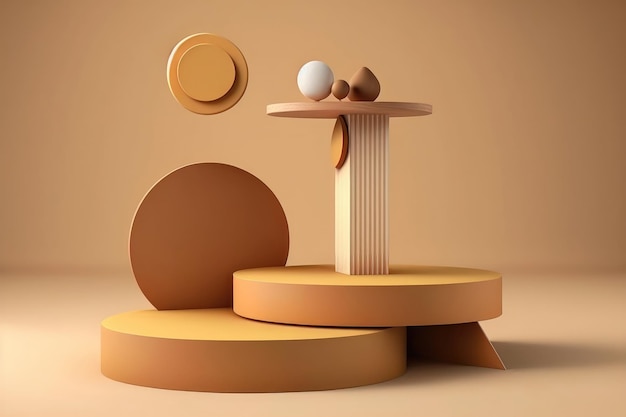 3D-podiumweergave op beige met levitatie-objecten AI-generatie