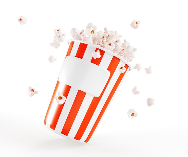 3d popcorn bucket icon with empty label Realistic render of red and white striped cardboard box full pop corn isolated on background Salty or sweet cinema snack mockup Movie food