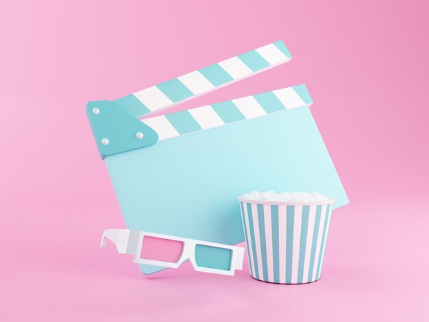 3d Popcorn, clapperboard и 3d очки.