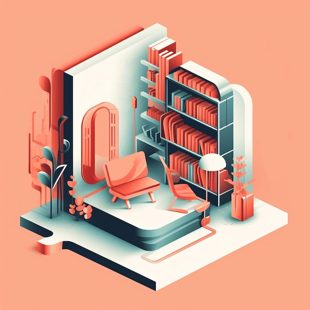 3d popup effect minimal illustration of library