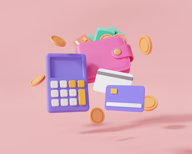 3D-portemonnee munten creditcards en rekenmachine icoon over budgetbeheer concept Financiële administratie Geldberekening Financiële audit zaken Budgetplanning 3d render illustratie