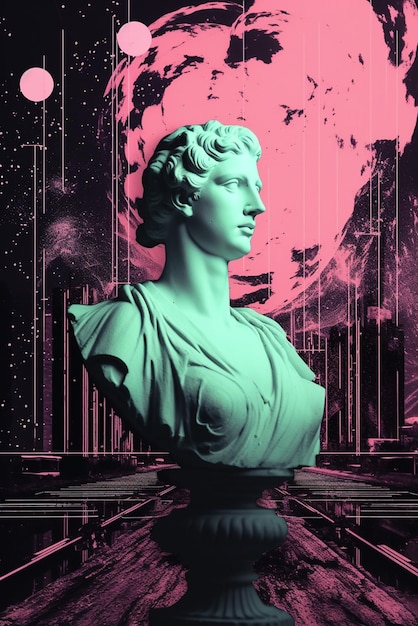 3D portrait of an antique sculpture with a glitch effect Cyberpunk style Conceptual disease of artif