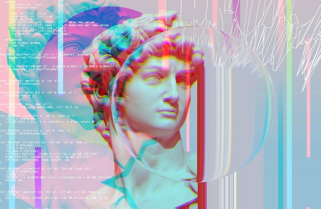 3D portrait of an antique sculpture with a glitch effect Cyberpunk style Conceptual disease of artificial intelligence Virtual reality Deep learning and suspicion systems