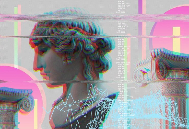 Фотография 3d-портрет античной скульптуры с глитч-эффектом стиль киберпанк концептуальная болезнь искусственного интеллекта виртуальная реальность системы глубокого обучения и подозрения