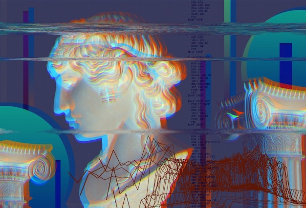 3D portrait of an antique sculpture with a glitch effect Cyberpunk style Conceptual disease of artificial intelligence Virtual reality Deep learning and suspicion systems