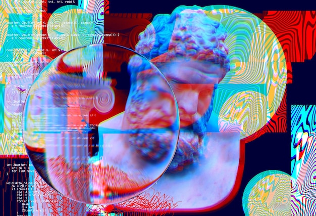 Foto ritratto 3d di una scultura antica con effetto glitch stile cyberpunk malattia concettuale dell'intelligenza artificiale realtà virtuale sistemi di deep learning e sospetto