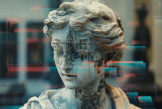 3D portrait of an antique sculpture with a glitch effect Cyberpunk style Conceptual