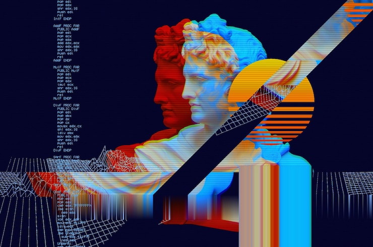 Фотография 3d портрет аполлона с эффектом глюка. стиль киберпанк. концептуальное изображение