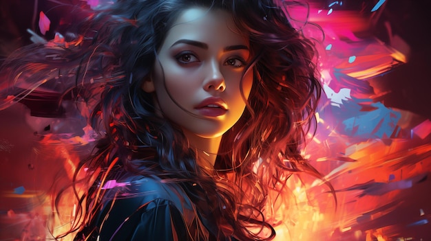 3D portrait of a beautiful young woman with glowing colors