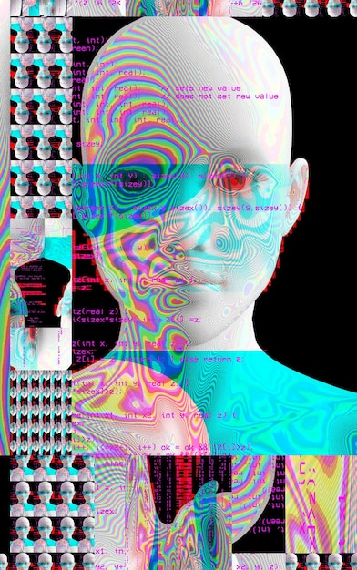 글리치 효과가 있는 남자의 3d 초상화 사이버펑크 스타일 인공 지능의 개념적 이미지 가상 현실 딥 러닝 및 얼굴 인식 시스템