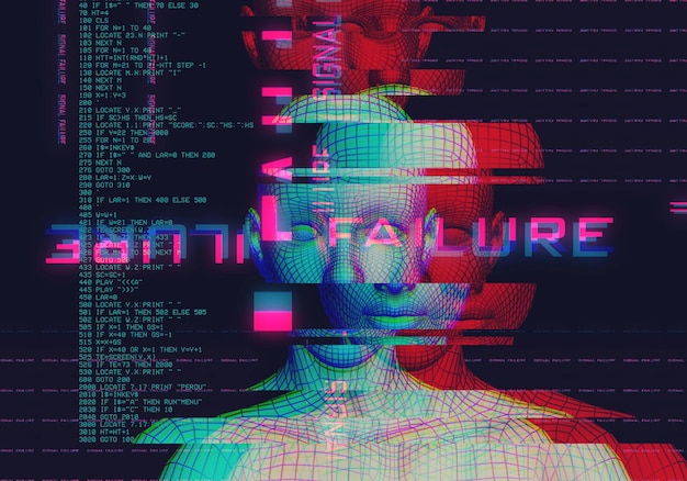 Ritratto 3d di un uomo con effetto glitch stile cyberpunk immagine concettuale dell'intelligenza artificiale realtà virtuale sistemi di deep learning e riconoscimento facciale