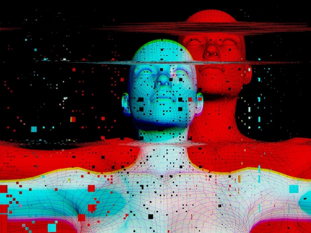 Foto ritratto 3d di un uomo con effetto glitch stile cyberpunk immagine concettuale dell'intelligenza artificiale realtà virtuale sistemi di deep learning e riconoscimento facciale