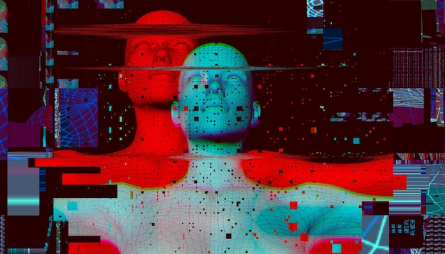 3d portrait of a man with glitch effect cyberpunk style
conceptual image of artificial intelligencevirtual reality deep
learning and face recognition systems