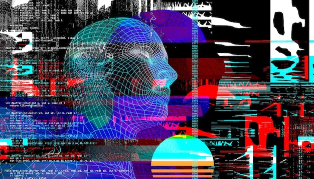 グリッチ効果を持つ男の 3 d ポートレートサイバー パンク スタイル人工知能の概念図仮想現実ディープ ラーニングと顔認識システム