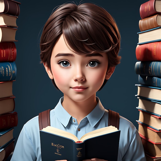 3d Portrait of young student with book for education day